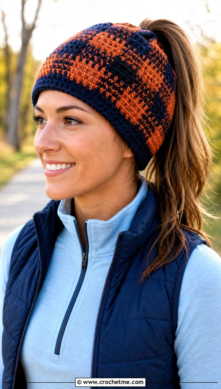 Ponytail Buffalo Plaid Crochet Beanie With Half Zip And Flared Leggings - 20 Buffalo Plaid Crochet Hat outfit ideas