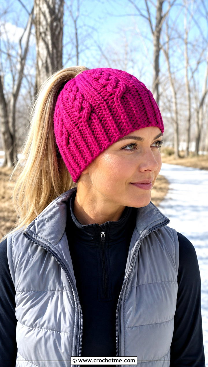 Ponytail Cable Stitch Beanie With Athleisure - 25 Crochet Cable Stitch Hat outfit ideas