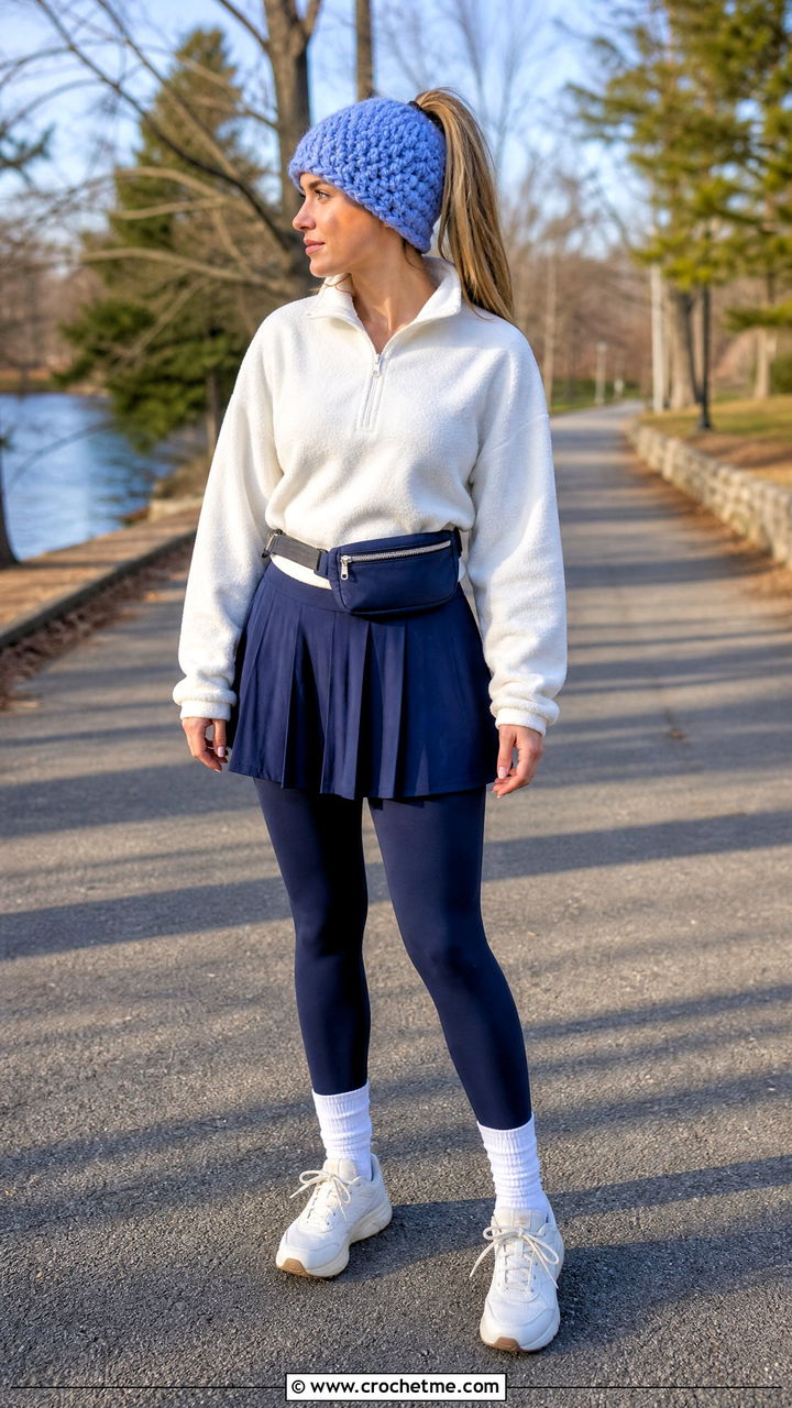 Ponytail Chunky Crochet Beanie With Quarter Zip And Tennis Skirt - 35 chunky crochet beanie outfit ideas