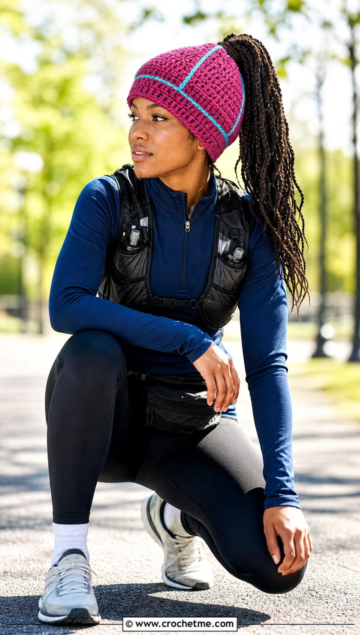 Ponytail Crochet Basketball Beanie With Running Set - 25 crochet basketball hat outfit ideas