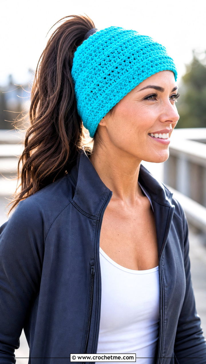 Ponytail Crochet Beanie With Athletic Jacket And Flared Leggings - 25 Crochet Beanie Size 4 Yarn outfit ideas