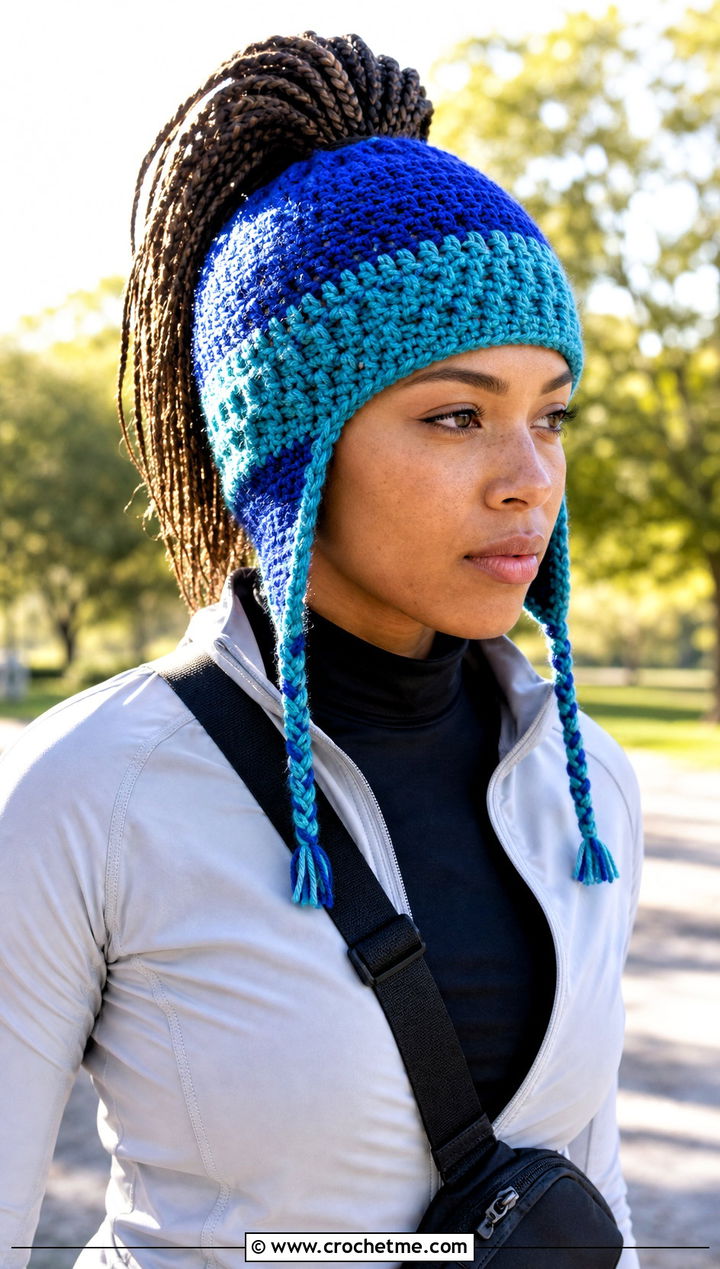 Ponytail Crochet Beanie With Braided Ties And Running Jacket - 30 crochet hat with braids outfit ideas