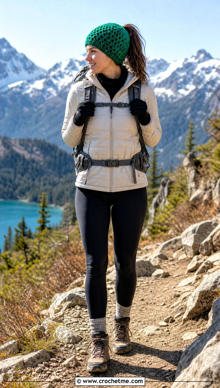Ponytail Crochet Beanie With Hiking Outfit - 35 cute crochet beanies outfit ideas