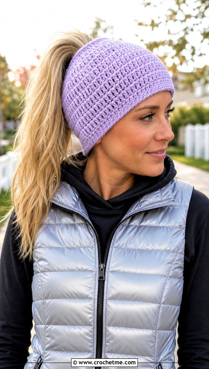 Ponytail Crochet Beanie With Puffer Vest - 30 winter crochet beanie outfit ideas
