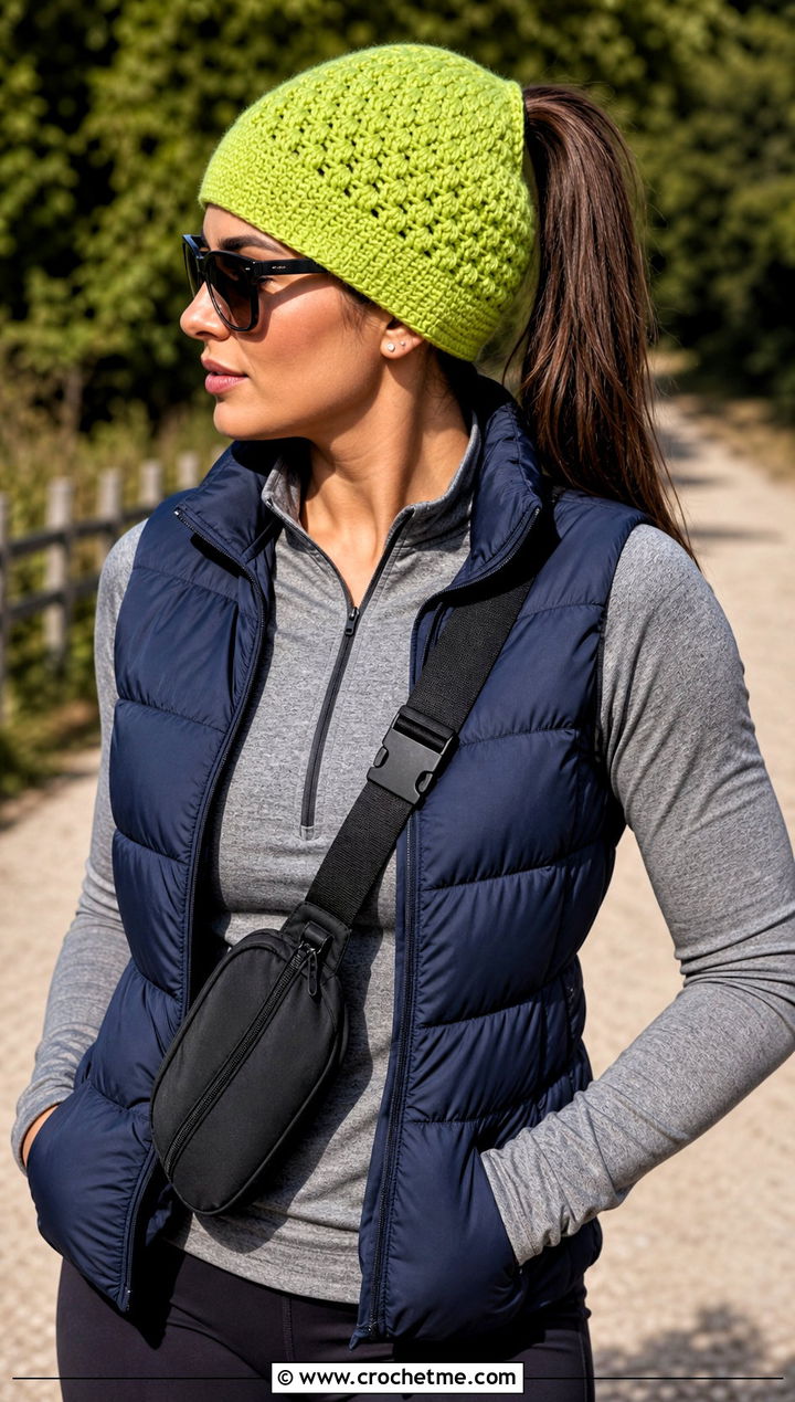 Ponytail Crochet Beanie With Puffer Vest - 30 Quick Crochet Beanie outfit ideas