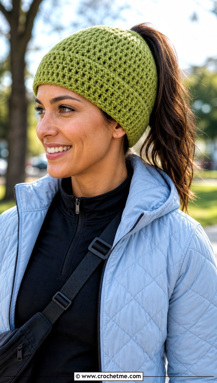 Ponytail Crochet Beanie With Quilted Jacket And Joggers - 20 Boho Crochet Beanie outfit ideas
