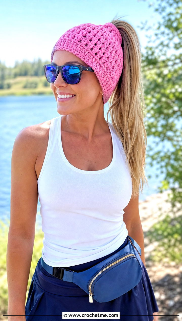 Ponytail Crochet Beanie With Racerback Top And Skort - 30 summer crochet beanie outfit ideas