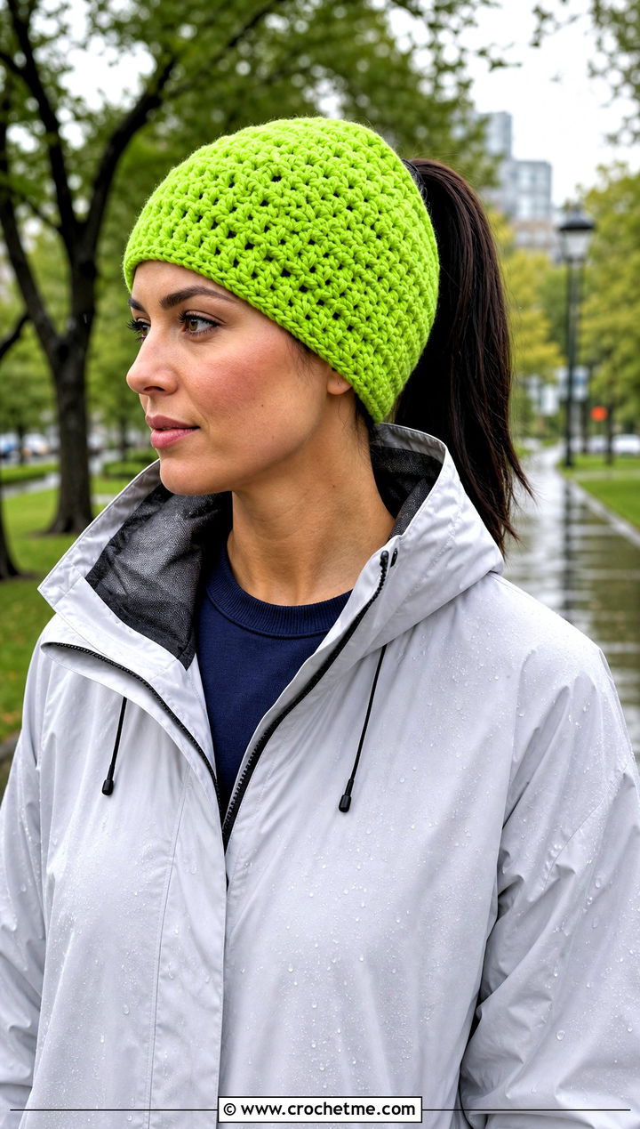 Ponytail Crochet Beanie With Rain Jacket - 30 crochet beanies for women outfit ideas