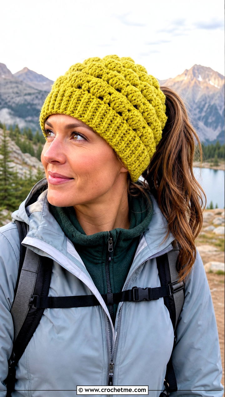 Ponytail Crochet Bubble Beanie With Hiking Layers - 20 Crochet Bubble Hat outfit ideas