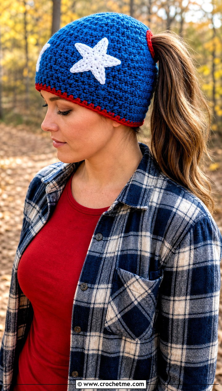 Ponytail Crochet Captain America Beanie With Flannel Shirt - 25 Crochet Captain America Hat outfit ideas