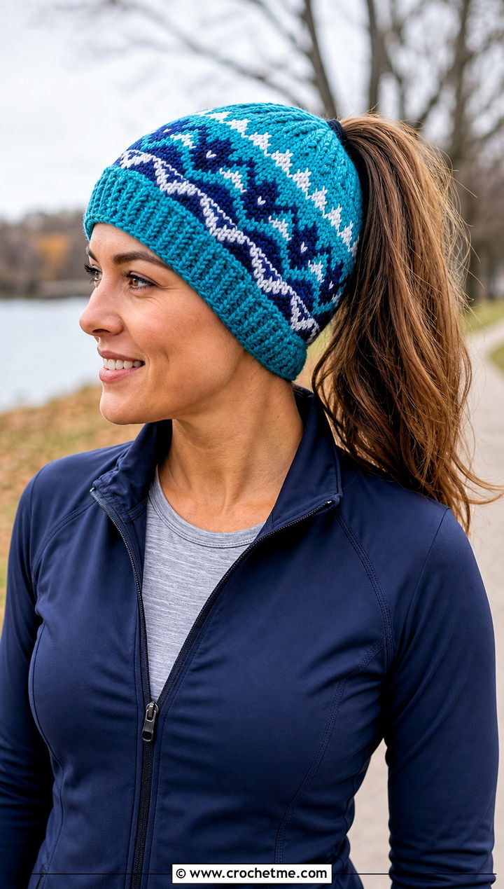Ponytail Crochet Fair Isle Beanie With Running Jacket - 25 Crochet Fair Isle Hat outfit ideas