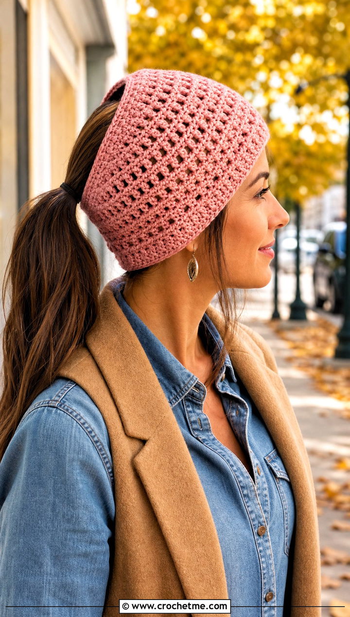Ponytail Crochet Hat With Denim Shirt - 25 Quick Crochet Hats outfit ideas