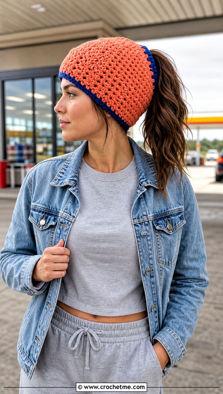 Ponytail Crochet Team Beanie With Denim Jacket And Joggers - 20 Crochet Team Hat outfit ideas