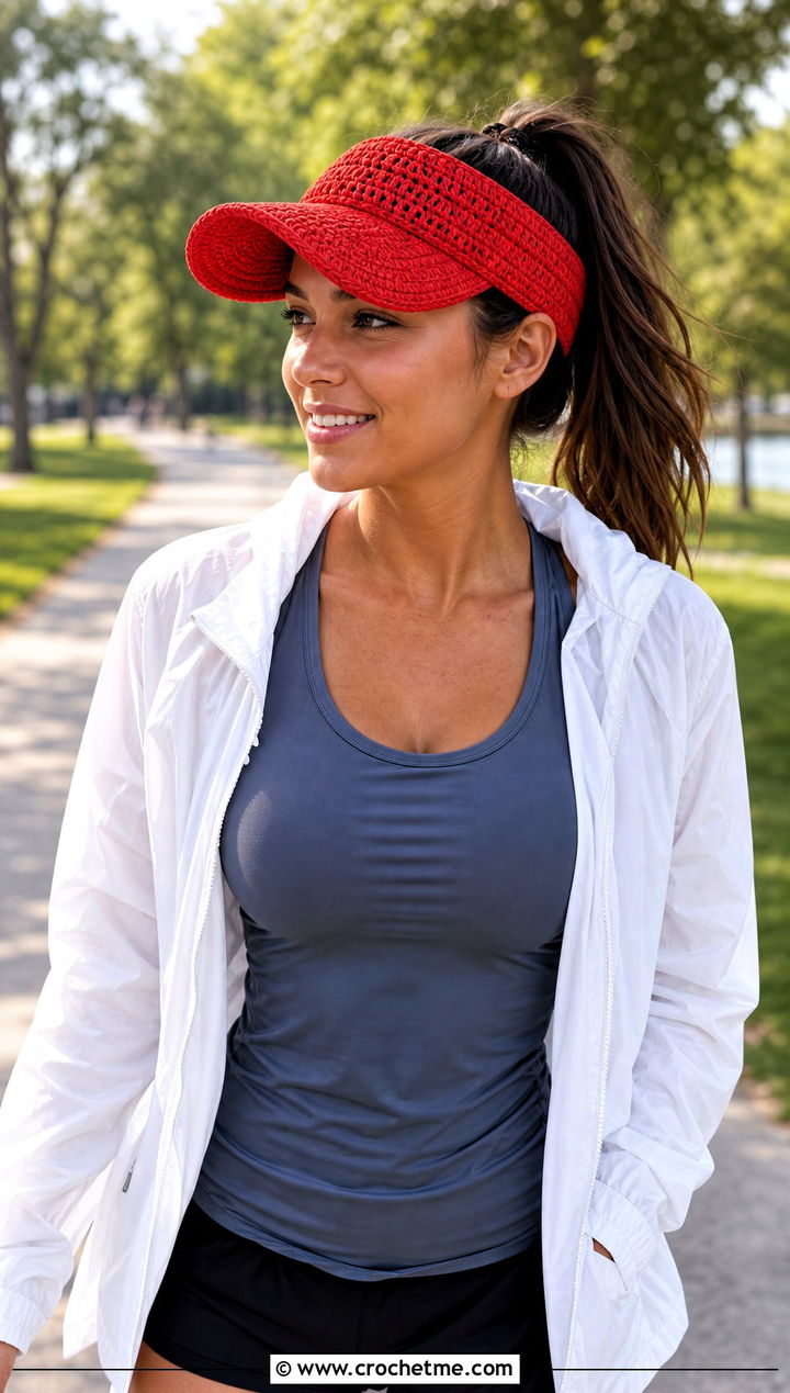 Ponytail Crochet Visor With Running Shorts And Windbreaker - 30 crochet visor hat outfit ideas