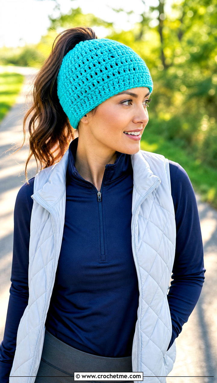 Ponytail HDC Beanie With Quarter Zip And Joggers - 20 hdc crochet hat outfit ideas