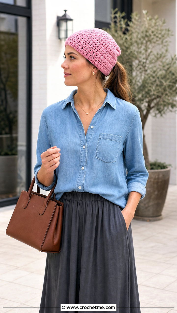 Ponytail Half Double Crochet Hat With Denim Shirt And Maxi Skirt - 30 Half Double Crochet Hat outfit ideas