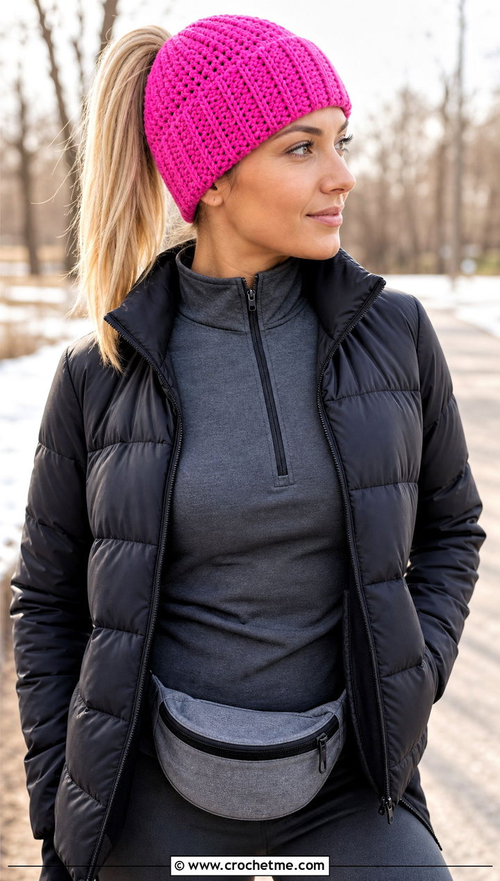 Ponytail Knit Look Crochet Beanie With Athleisure Set - 20 Crochet Beanie That Looks Like Knit outfit ideas