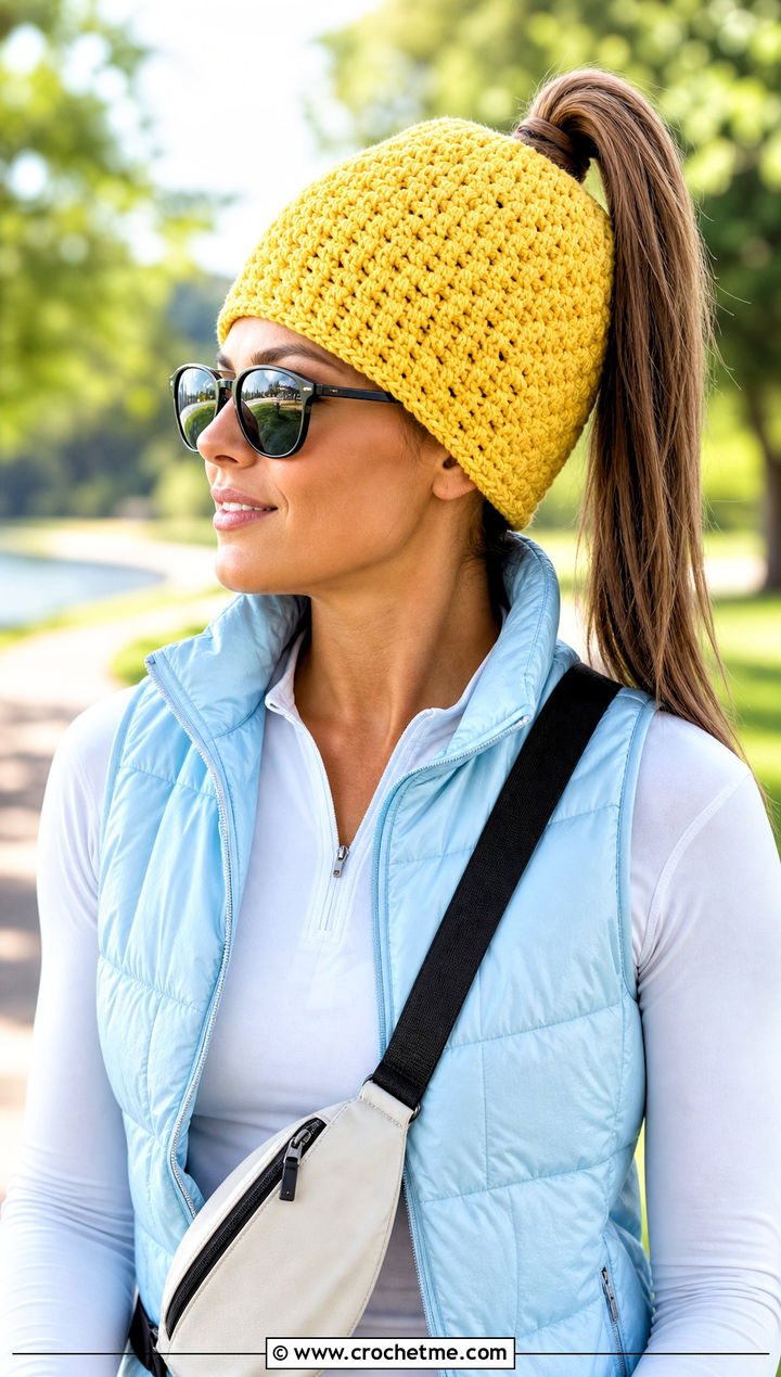 Ponytail Moss Stitch Beanie With Athleisure - 20 Crochet Moss Stitch Beanie outfit ideas