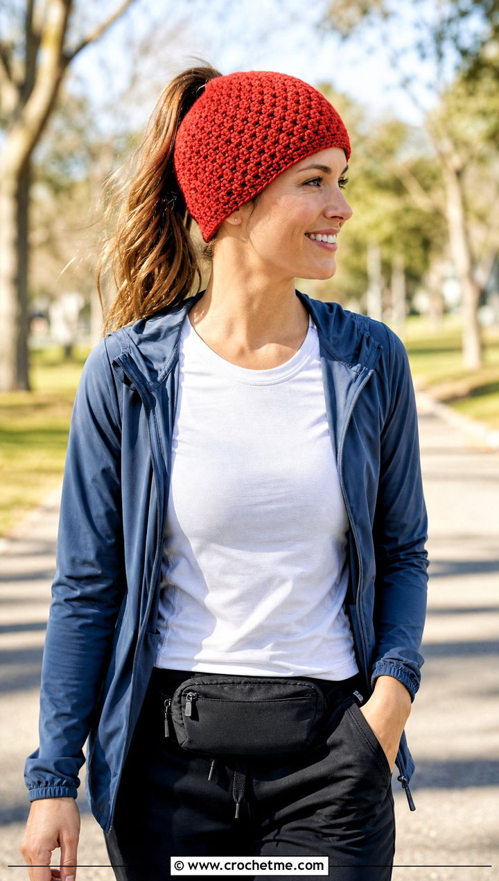 Ponytail Moss Stitch Beanie With Running Jacket and Joggers - 25 Crochet Moss Stitch Hat outfit ideas