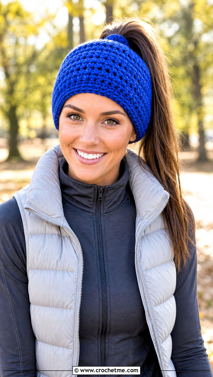 Ponytail Pom Pom Beanie With Athleisure Set - 30 crochet beanie with pom pom outfit ideas