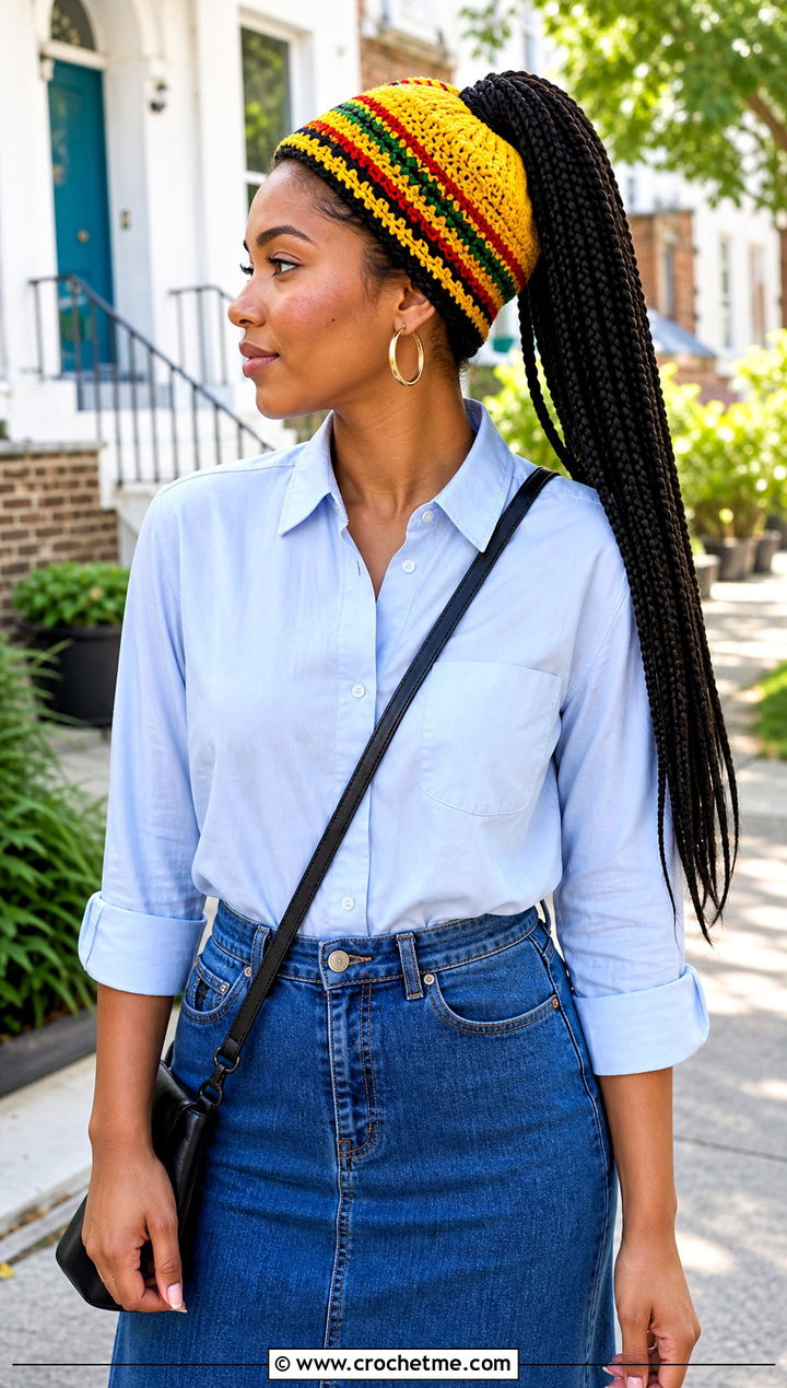 Ponytail Rasta Beanie With Denim Midi Skirt - 25 crochet rasta beanie outfit ideas