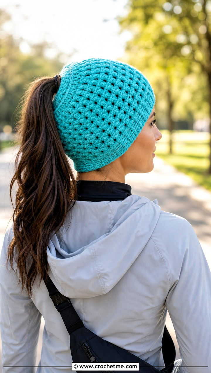 Ponytail Waffle Crochet Beanie With Activewear - 20 Waffle Crochet Hat outfit ideas