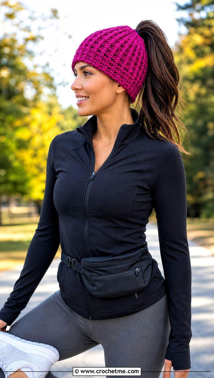 Ponytail Waffle Crochet Beanie With Athleisure - 20 waffle crochet beanie outfit ideas