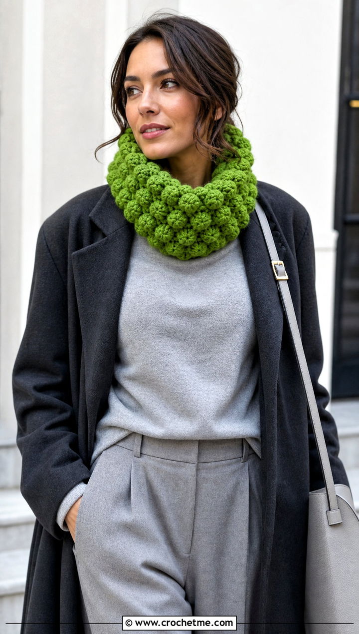 Popcorn Crochet Cowl Scarf With Monochrome Outfit - 25 Popcorn Crochet Scarf outfit ideas
