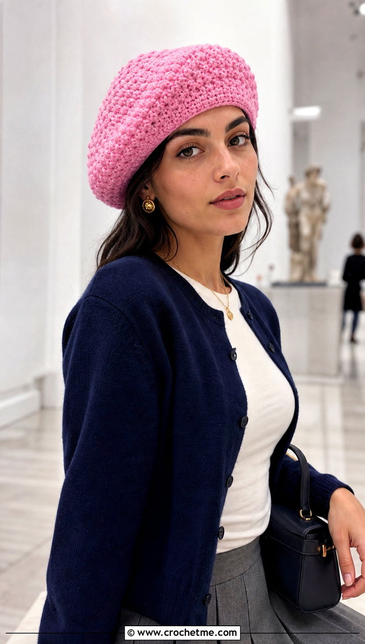 Popcorn Stitch Beret With Cardigan And Pleated Skirt - 30 crochet stitch hat outfit ideas