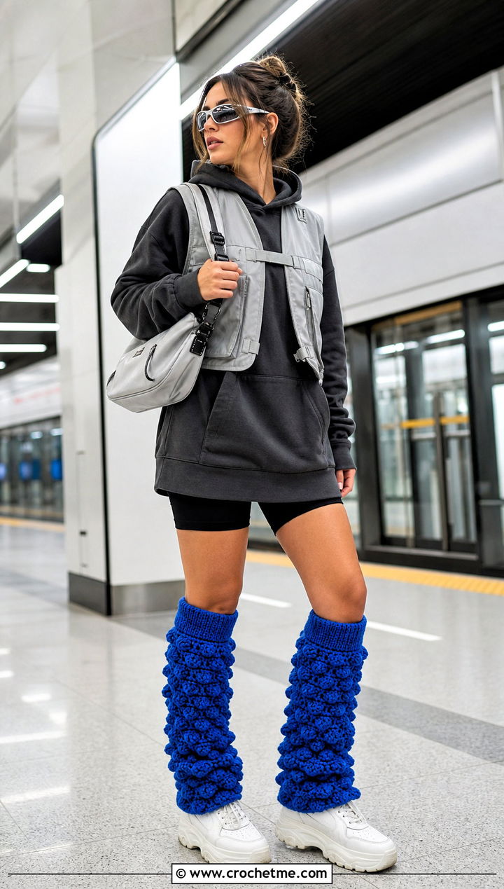Popcorn Stitch Chunky Crochet Leg Warmers With Hoodie Dress - 25 chunky crochet leg warmers outfit ideas