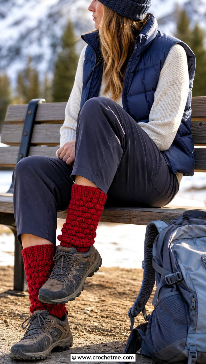 Popcorn Stitch Chunky Crochet Socks With Puffer Vest - 25 Chunky Crochet Socks outfit ideas