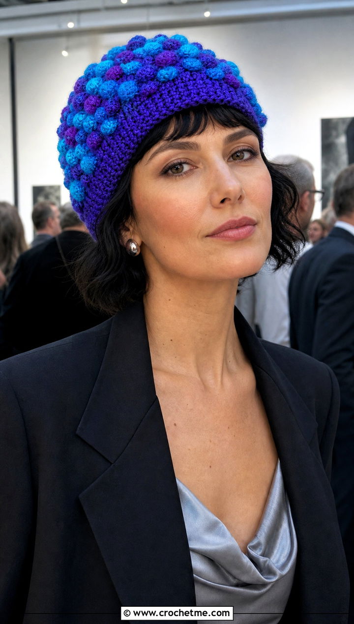 Popcorn Stitch Crochet Beanie With Satin Dress And Blazer - 30 two color crochet beanie outfit ideas