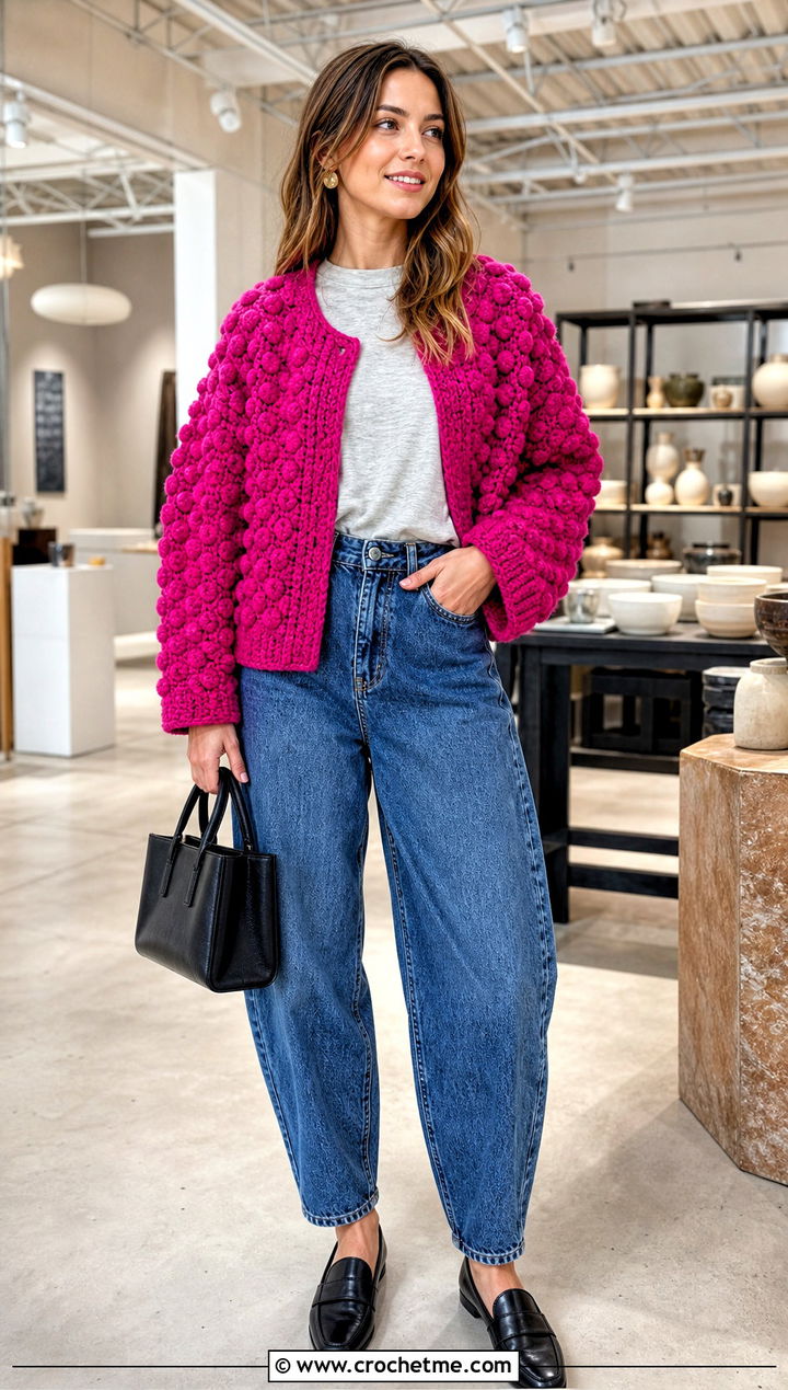 Popcorn Stitch Crochet Bed Jacket With Barrel Jeans - 25 Crochet Bed Jackets outfit ideas