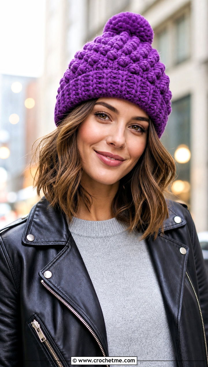 Popcorn Stitch Crochet Bobble Hat With Leather Jacket - 30 crochet bobble hat outfit ideas