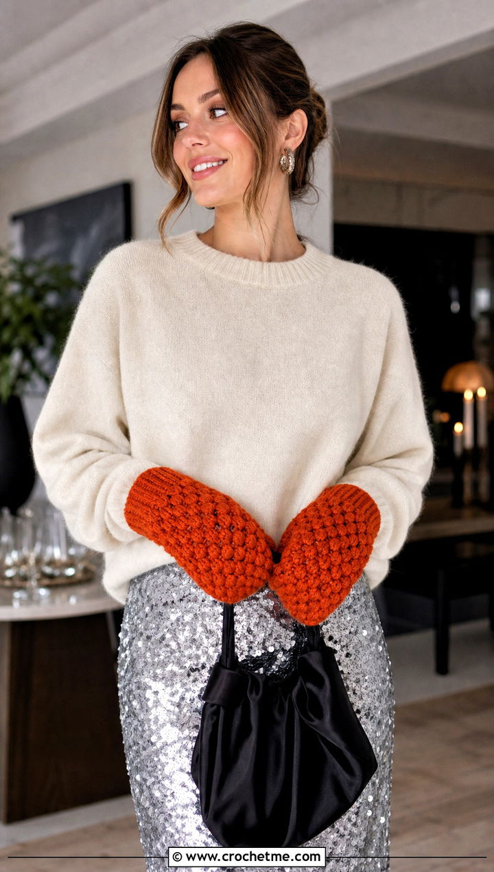 Popcorn Stitch Crochet Chunky Mittens With Sequin Skirt - 30 crochet chunky mittens outfit ideas