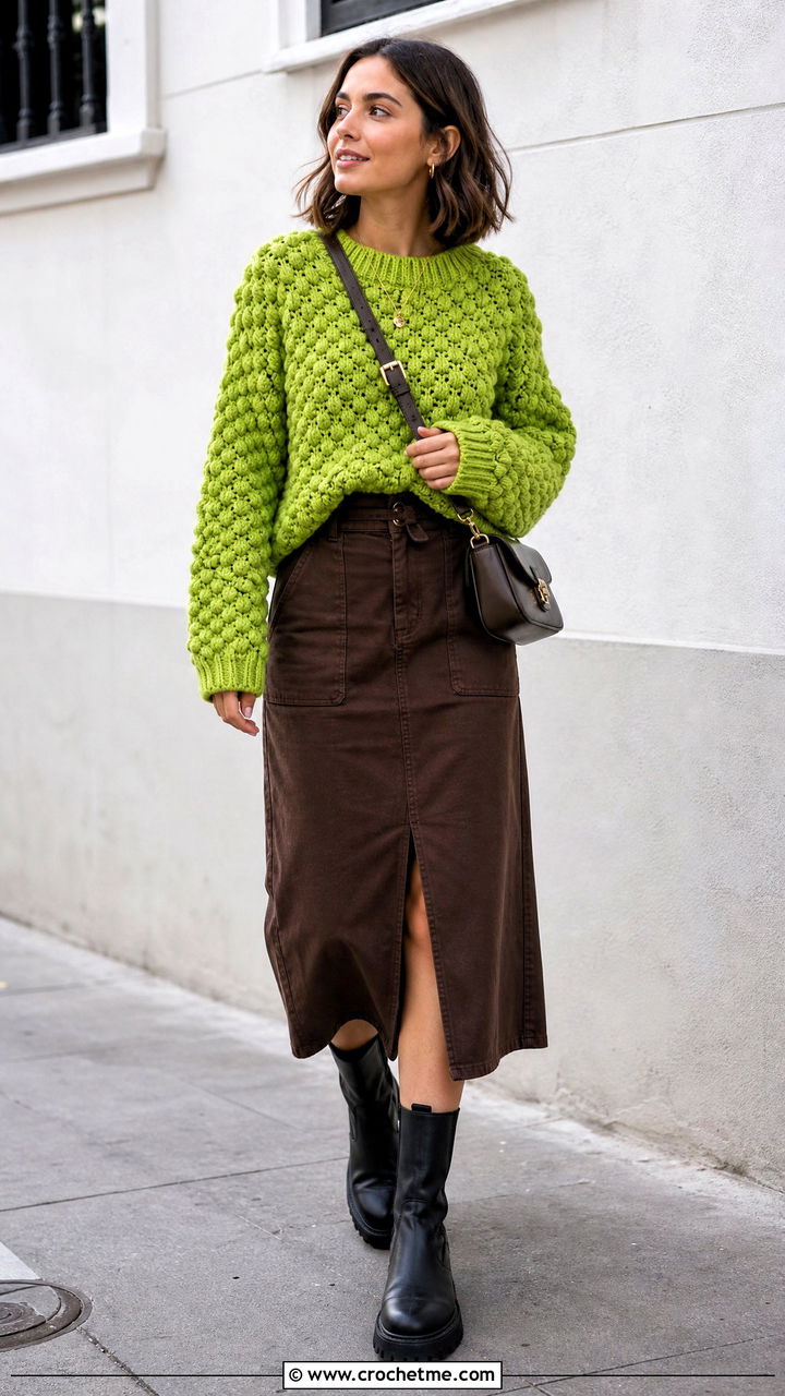 Popcorn Stitch Crochet Chunky Sweater With Utility Skirt - 35 crochet chunky sweater outfit ideas