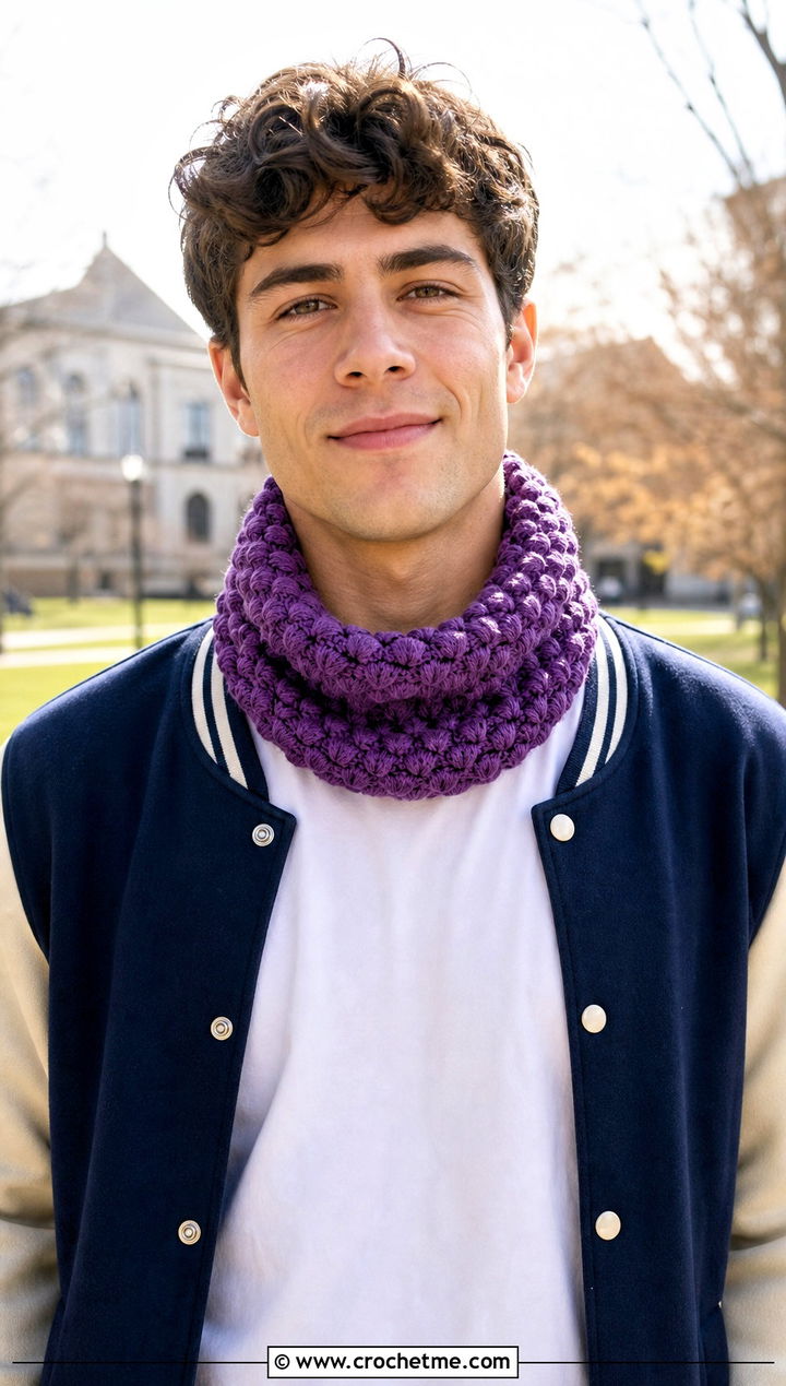 Popcorn Stitch Crochet Cowl With Varsity Jacket - 30 crochet cowl for men outfit ideas