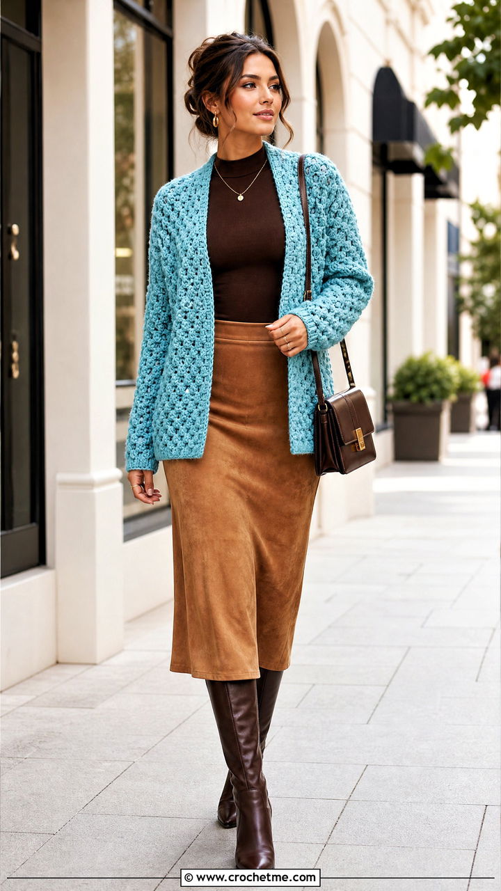 Popcorn Stitch Crochet Fall Cardigan With Suede Skirt - 35 crochet fall cardigan outfit ideas