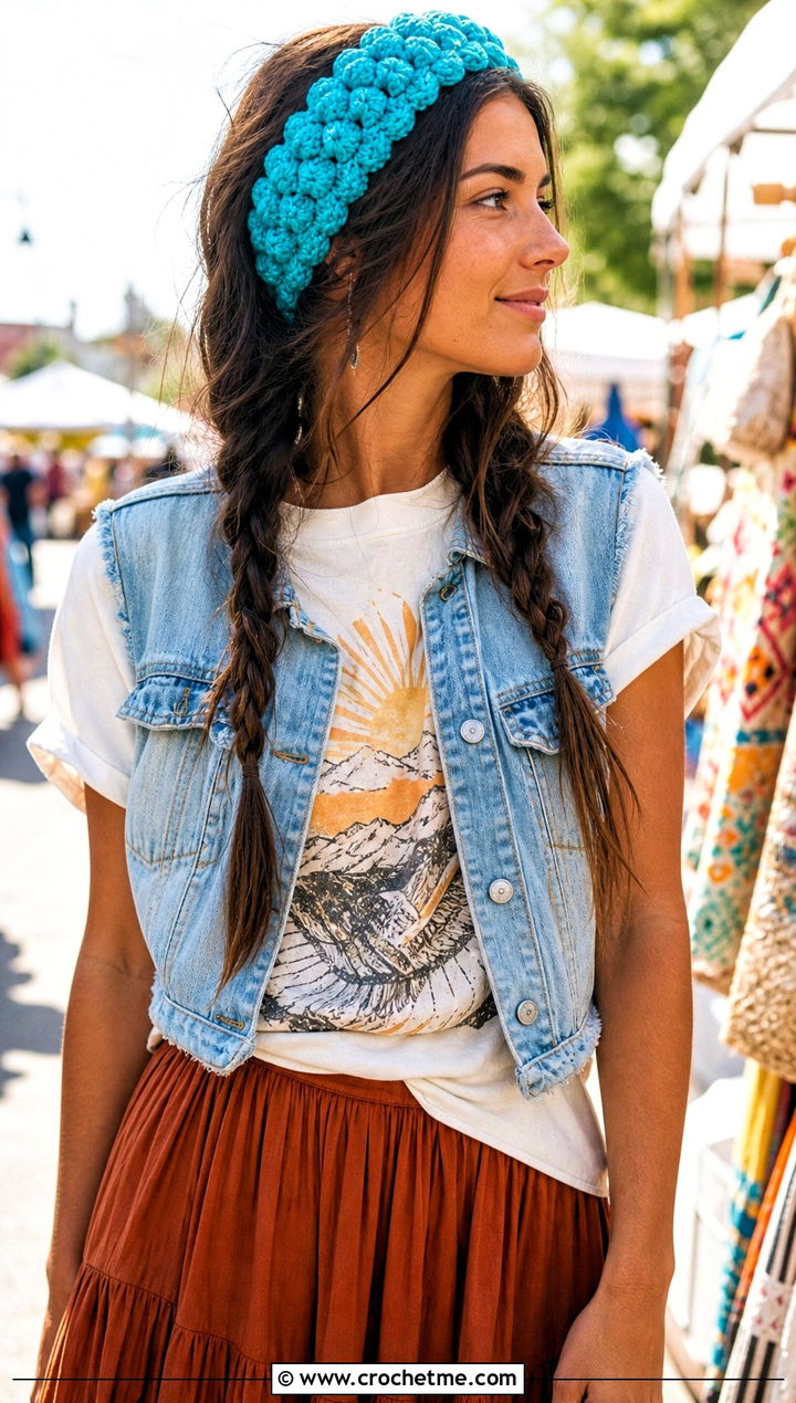 Popcorn Stitch Crochet Hair Headband With Graphic Tee And Maxi Skirt - 30 crochet hair headband outfit ideas