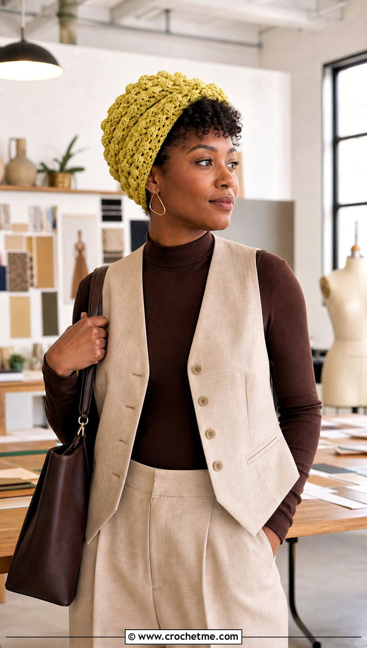 Popcorn Stitch Crochet Hair Wrap With Creative Workwear - 30 crochet hair wraps outfit ideas