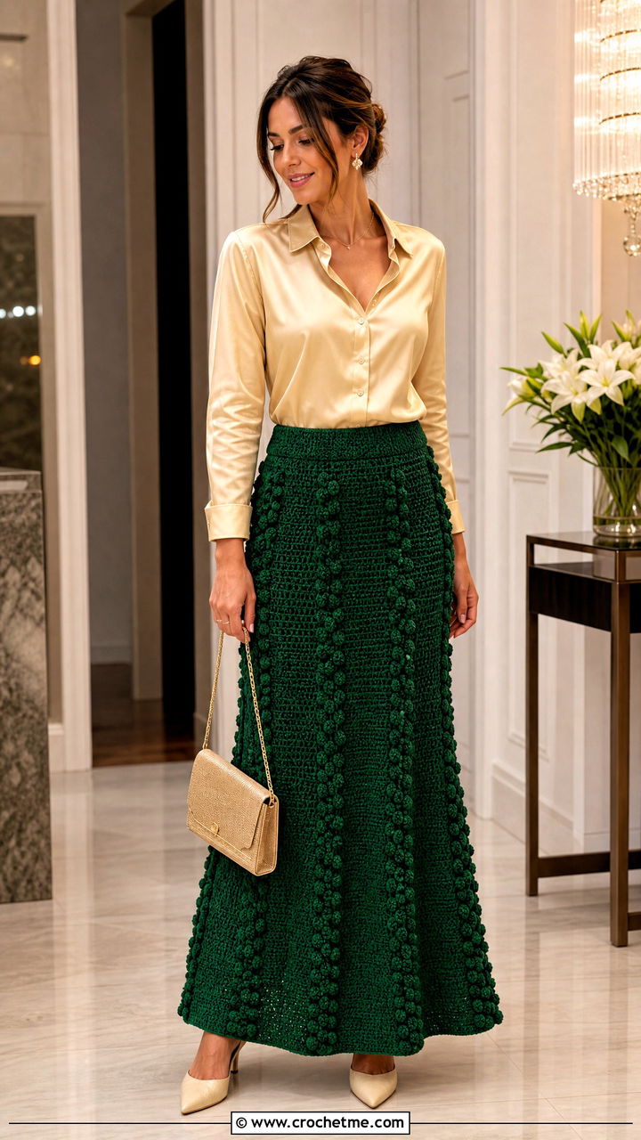 Popcorn Stitch Crochet Long Skirt With Satin Shirt - 35 crochet long skirt outfit ideas