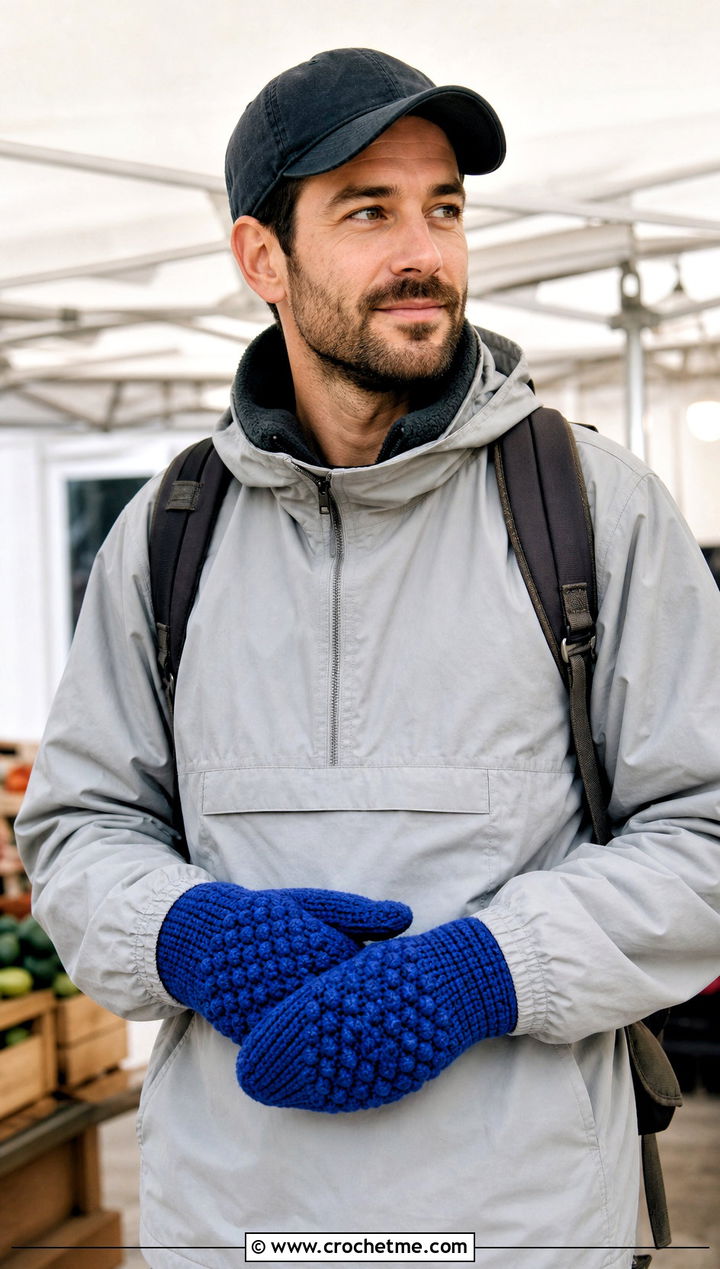 Popcorn Stitch Crochet Mittens With Anorak - 25 Mens Crochet Mittens outfit ideas