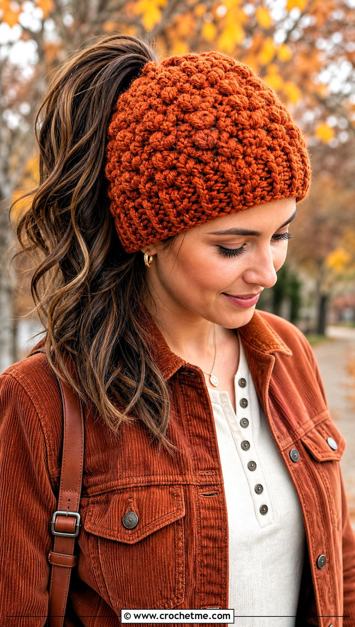 Popcorn Stitch Crochet Ponytail Hat With Corduroy Jacket - 20 easy crochet ponytail hat outfit ideas