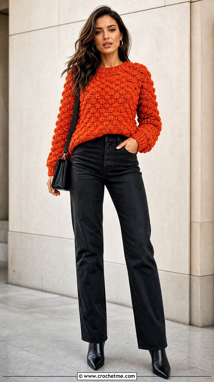 Popcorn Stitch Crochet Sweater With Coated Jeans - 35 fall crochet sweater outfit ideas