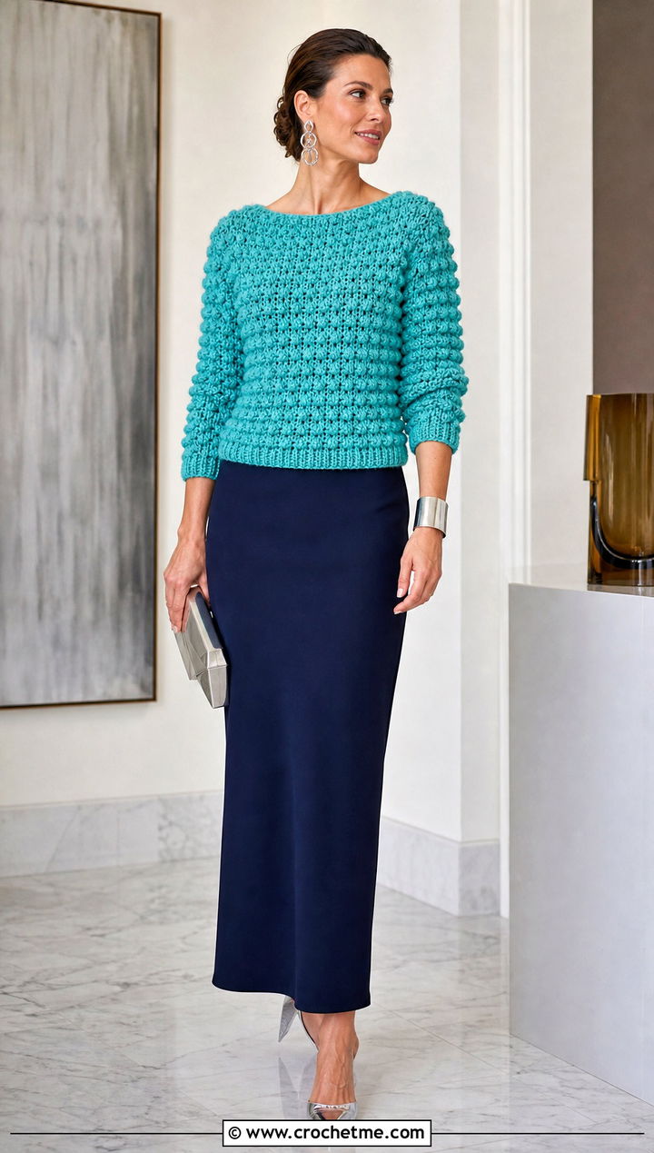 Popcorn Stitch Crochet Sweater With Column Skirt - 25 vintage crochet sweater outfit ideas