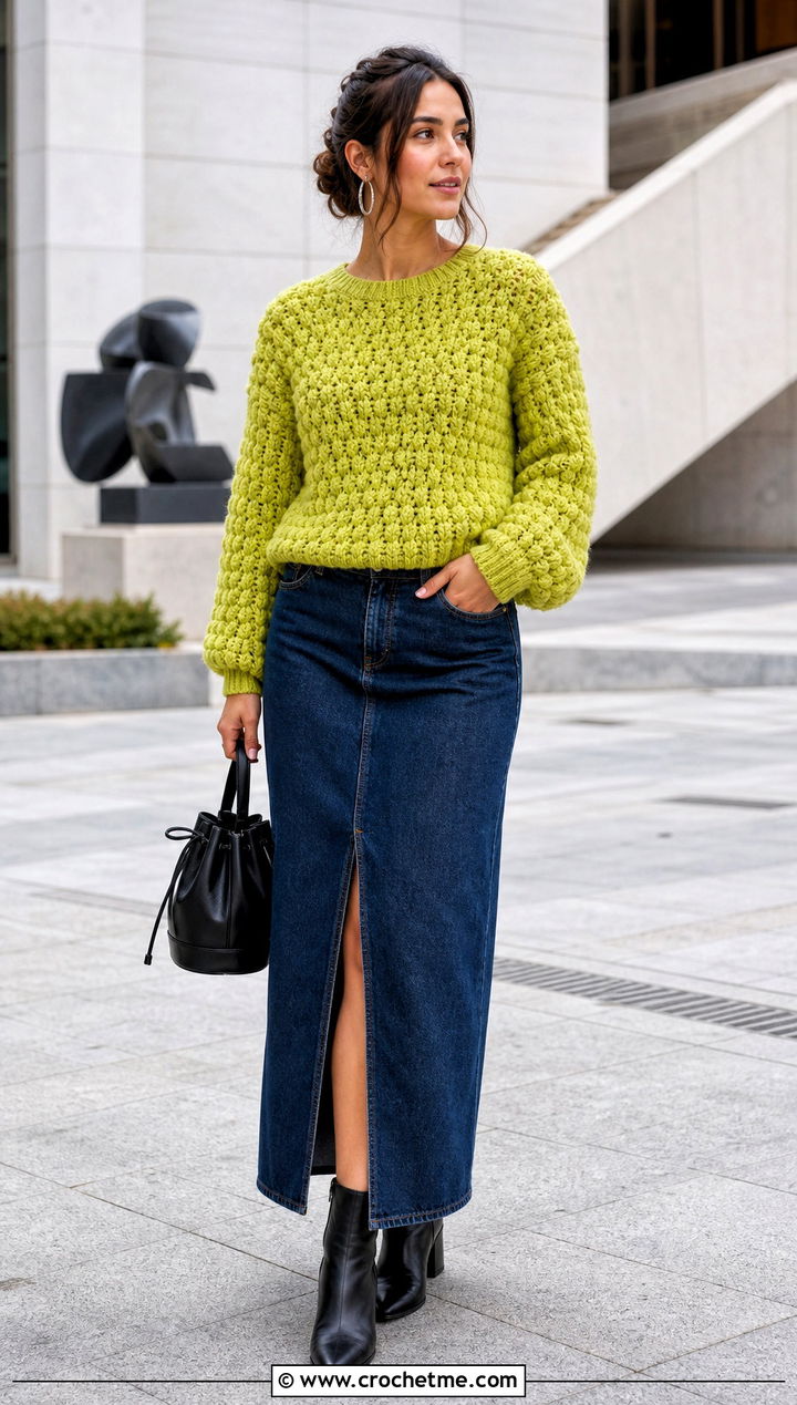 Popcorn Stitch Crochet Sweater With Denim Maxi Skirt - 25 Crochet Textured Sweater outfit ideas