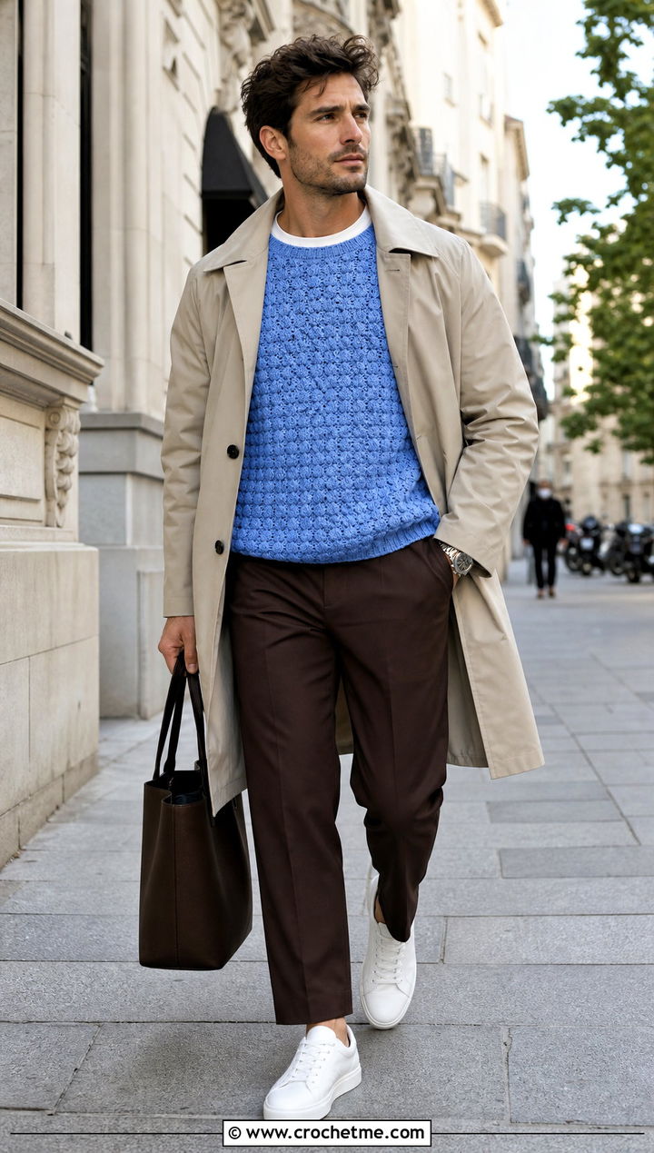 Popcorn Stitch Crochet Sweater With Twill Pants - 35 men's crochet sweater ideas