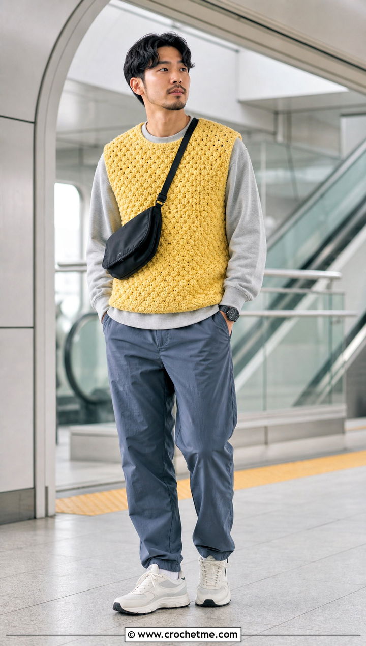 Popcorn Stitch Crochet Vest With Sweatshirt And Nylon Pants - 30 mens crochet vest outfit ideas
