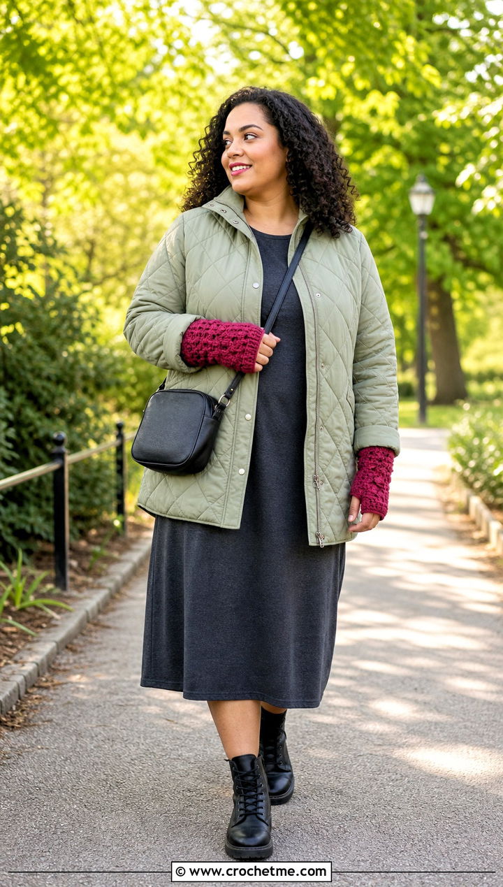 Popcorn Stitch Crochet Wrist Warmers With Quilted Jacket - 35 crochet wrist warmers outfit ideas