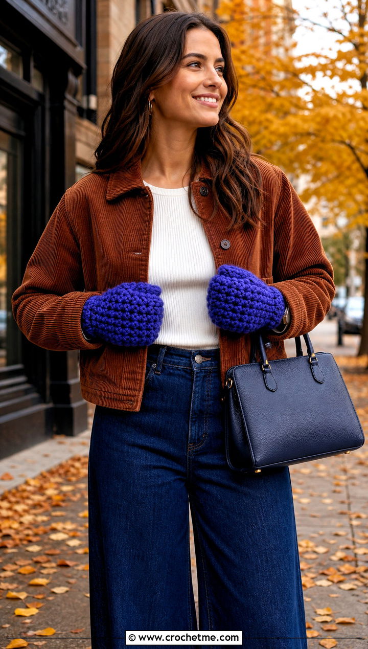 Popcorn Stitch Crocheted Mittens With Corduroy Jacket - 30 Crocheted Mittens outfit ideas